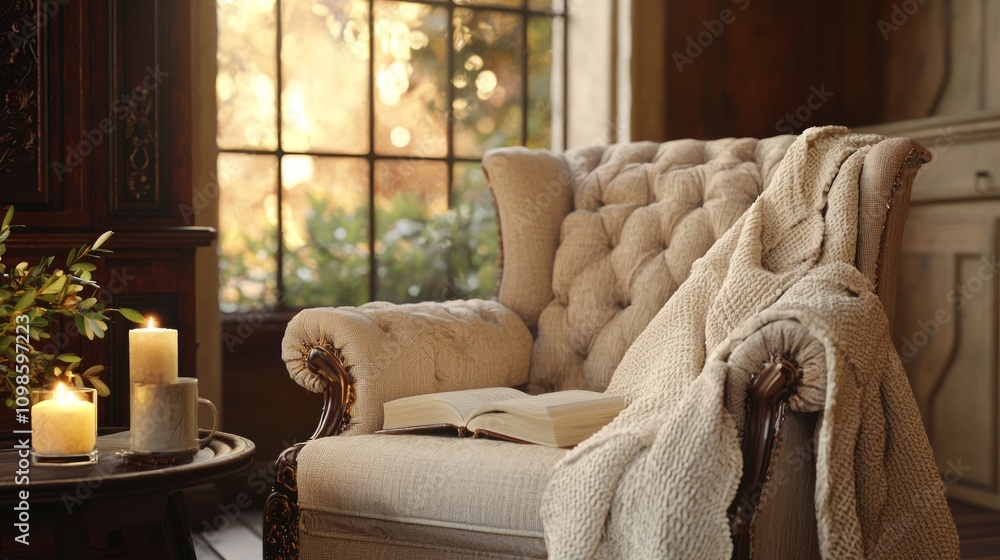 Fototapeta premium Vintage Appeal: Luxurious Reading Nook with Old Money Fashion Vibes