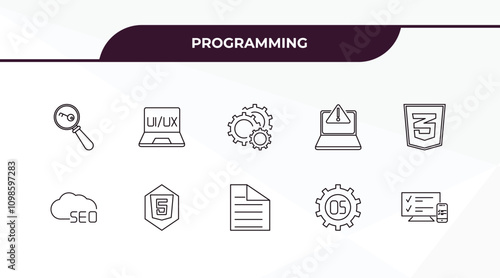 fully editable outline icon collection from programming concept. thin line icons set such as seo keywords, ux de, seo cloud, operating system, adaptive layout,
