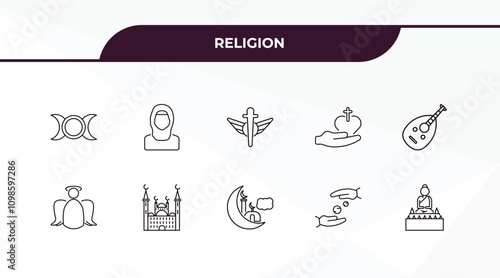 fully editable outline icon collection from religion concept. thin line icons set such as goddess, hijab, angel, sadaqah, great buddha,