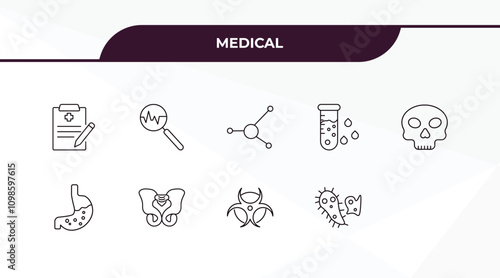 fully editable outline icon collection from medical concept. thin line icons set such as medical records, , dead, biological warning, bacteria,