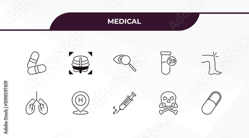 fully editable outline icon collection from medical concept. thin line icons set such as medical pill, x ray of bones, breath control, skull and bone, pill,