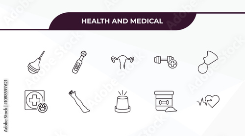 fully editable outline icon collection from health and medical concept. thin line icons set such as enema, electric toothbrush, veterinary, proteins, cardiology,