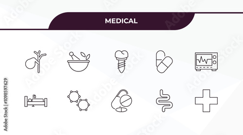 fully editable outline icon collection from medical concept. thin line icons set such as gallbladder, phary tool, illness on bed, intestines, nurse cross,