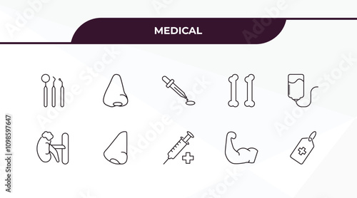 fully editable outline icon collection from medical concept. thin line icons set such as dentist tool, l, adrenal gland, strong, tag with a cross,