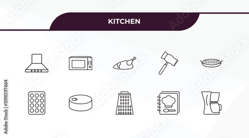 fully editable outline icon collection from kitchen concept. thin line icons set such as extractor hood, microwave oven, muffin pan, recipe, coffee maker,