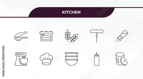 fully editable outline icon collection from kitchen concept. thin line icons set such as garlic press, bun warmer, mixer, sauce, trash,