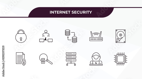 fully editable outline icon collection from internet security concept. thin line icons set such as locked, network adminstrator, file security, hacker, processor,