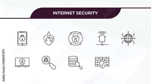 fully editable outline icon collection from internet security concept. thin line icons set such as mobile phone security, local network, network, data search, firewall,