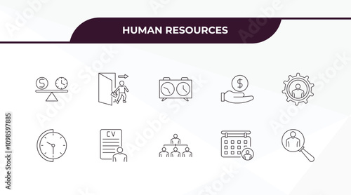fully editable outline icon collection from human resources concept. thin line icons set such as time balance, exit interview, time, appointment, recruitment,