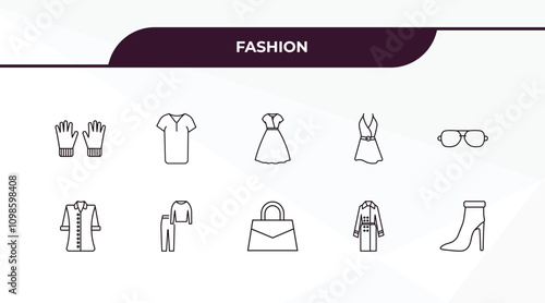 fully editable outline icon collection from fashion concept. thin line icons set such as pair of gloves, tunic, blouse with buttons, coat with pockets, high heel boots,