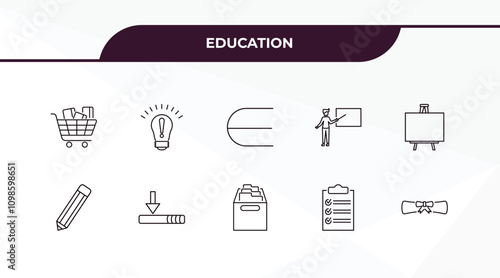 fully editable outline icon collection from education concept. thin line icons set such as cart with books, having an idea, pencil, check list, diploma with a ribbon,