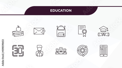 fully editable outline icon collection from education concept. thin line icons set such as book and, new email, digital display 30, solar system, tactile tablet,