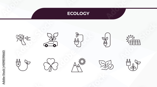fully editable outline icon collection from ecology concept. thin line icons set such as wind bending tree, eco car, eco plug, natural product, renewable energy,