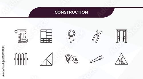 fully editable outline icon collection from construction concept. thin line icons set such as nail gun, big clo, garden fence, big saw, working,