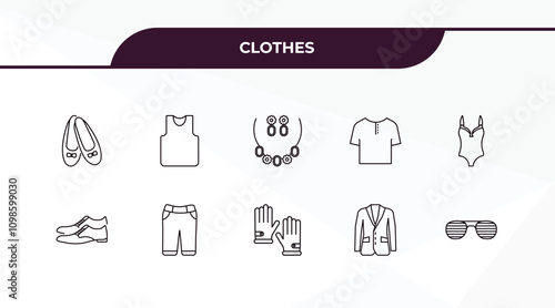 fully editable outline icon collection from clothes concept. thin line icons set such as flat shoes, tank top, leather shoes, oxford wave blazer, shutter sunglasses,