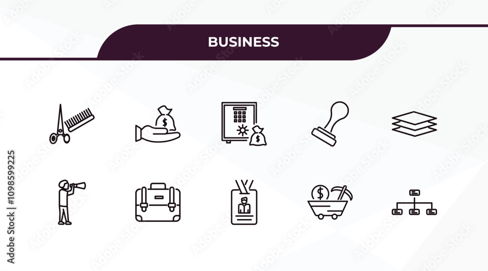 Naklejka premium fully editable outline icon collection from business concept. thin line icons set such as hair salon, purpose of saving money, man looking, proof of work, structure,