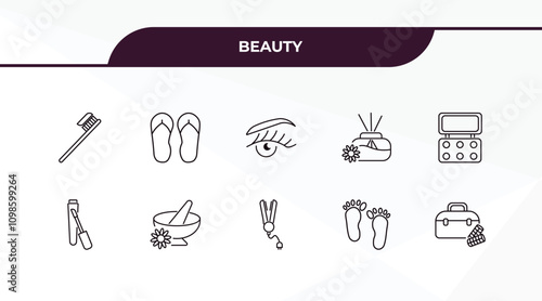fully editable outline icon collection from beauty concept. thin line icons set such as toothbrush, two flip flops, liquid lipstick, one foot, big makeup box,