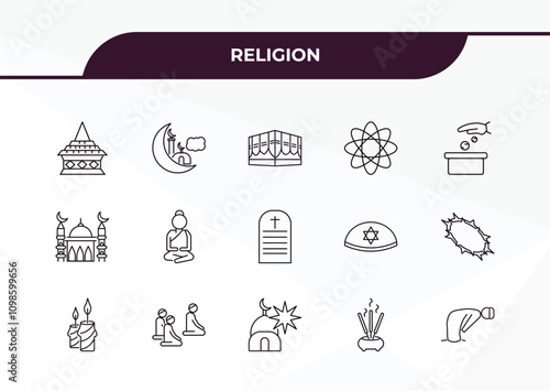 fully editable outline icon collection from religion concept. thin line icons set such as doi suthep, islamic ramadan, small mosque, incense burner, ruku posture,