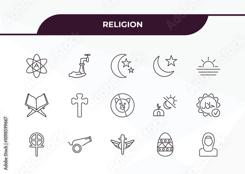 fully editable outline icon collection from religion concept. thin line icons set such as atheism, wudu, mushaf, easter eggs, hijab, photo