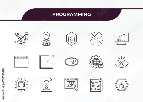 fully editable outline icon collection from programming concept. thin line icons set such as aorithm, developer, web page, seo report, ,