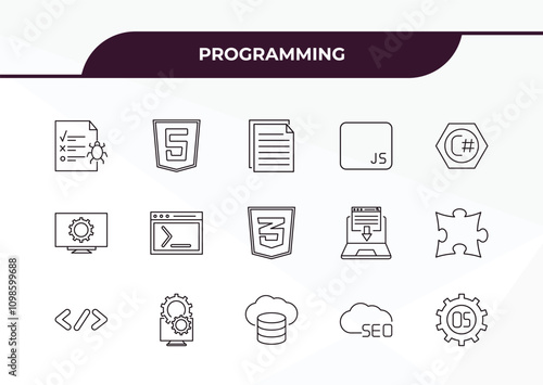 fully editable outline icon collection from programming concept. thin line icons set such as bug report, html, software, seo cloud, operating system,