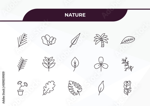 fully editable outline icon collection from nature concept. thin line icons set such as pine leaf, philodendron, yew leaf, cuspicate, roses,