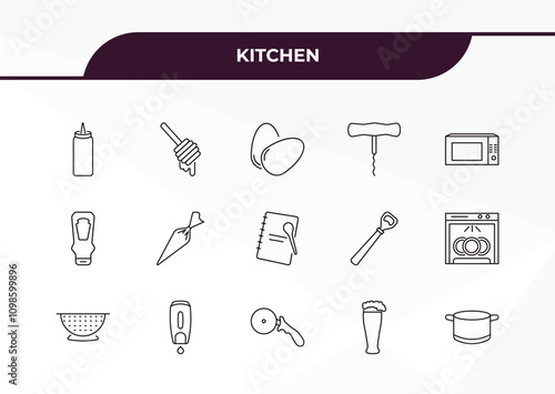 fully editable outline icon collection from kitchen concept. thin line icons set such as sauce, honey dipper, ketchup, beer, cooking pot,