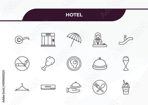 fully editable outline icon collection from hotel concept. thin line icons set such as doorknob, elevator, no smoking, food, frozen yogurt,