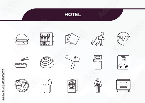 fully editable outline icon collection from hotel concept. thin line icons set such as cheese burger, minibar, spaghetti, bathrobe, nightstand, photo