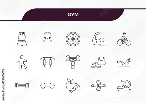 fully editable outline icon collection from gym concept. thin line icons set such as female sportwear, sport expander, stretching leg exercise, fitness wheel, rowing hine,
