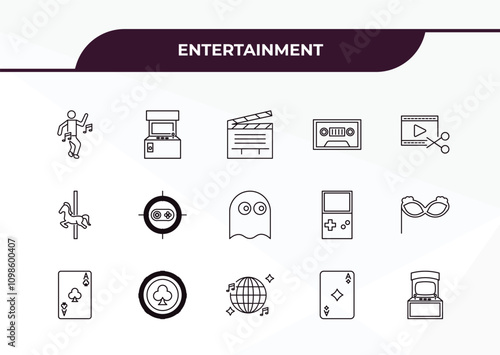 fully editable outline icon collection from entertainment concept. thin line icons set such as dance, arcade hine, carousel horse, ace of diamonds, arcade,