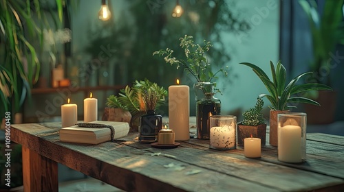 A wooden table set with a variety of holistic wellness books, candles, and plants, creating a peaceful atmosphere