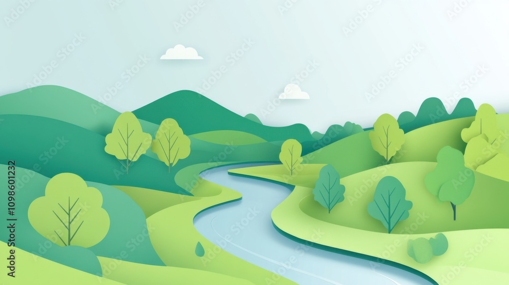 Obraz premium A serene depiction of a green forest with a winding river, symbolizing the beauty of untouched nature, with a clear sky background