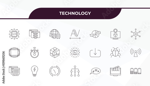 fully editable outline icon collection from technology concept. thin line icons set such as embedding, internet traffic, receive, growth hacking, battery levels,