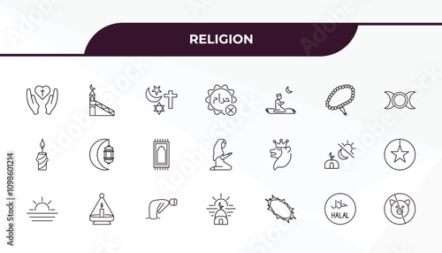 fully editable outline icon collection from religion concept. thin line icons set such as faith, islamic minbar, lion of judah, islamic halal, forbidden foods,