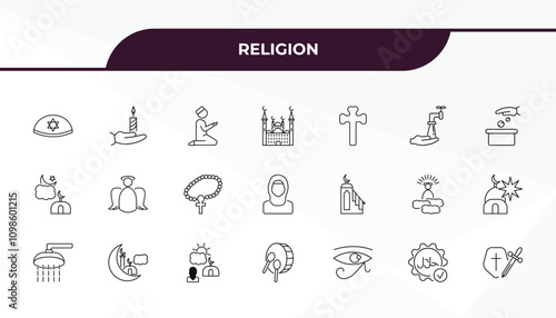fully editable outline icon collection from religion concept. thin line icons set such as yarmulke, vigil, minbar, halal, crusade,