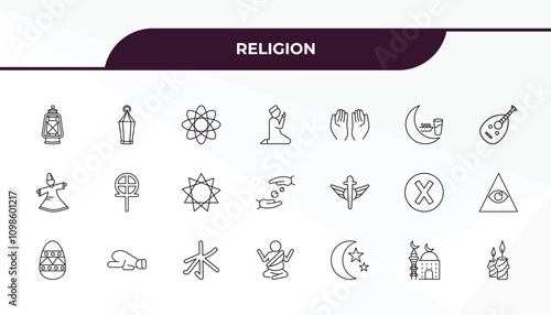 fully editable outline icon collection from religion concept. thin line icons set such as old oil lamp, arabic lamp, heresy, mosque and minaret, candles,