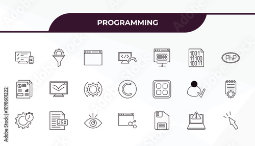 fully editable outline icon collection from programming concept. thin line icons set such as adaptive layout, seo funnel, app, program error, click,