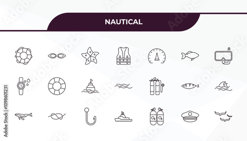 fully editable outline icon collection from nautical concept. thin line icons set such as prawn facing left, swimming glasses, aqualung, sailor, fish,