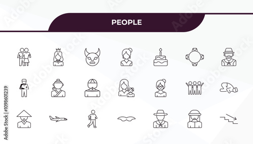 fully editable outline icon collection from people concept. thin line icons set such as snuggle, princes, old woman, bedouin, downstairs,