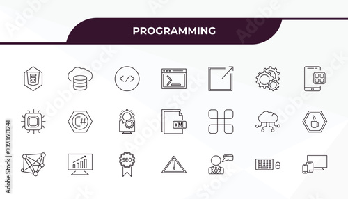 fully editable outline icon collection from programming concept. thin line icons set such as html5, cloud storage, command, keyboard and mouse, responsive,