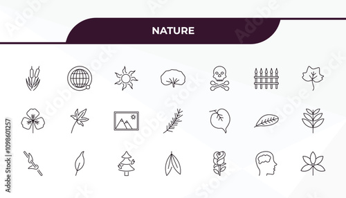 fully editable outline icon collection from nature concept. thin line icons set such as reed bed, planet with satellite, linden leaf, human brian, palmatelly,