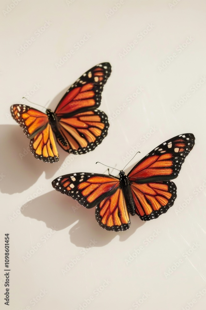 Obraz premium Two orange butterflies sit on a white surface