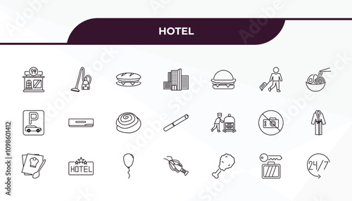 fully editable outline icon collection from hotel concept. thin line icons set such as restaurant, vacuum cleaner, bellboy, left-luggage, 24 service,