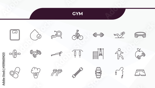 fully editable outline icon collection from gym concept. thin line icons set such as scale, hydratation, exercise hang bar, skip rope, fitness shorts,