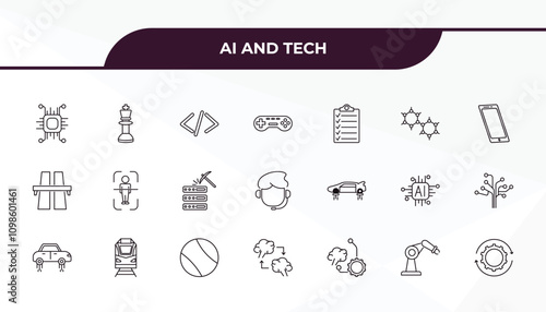 fully editable outline icon collection from ai and tech concept. thin line icons set such as chip, chess, fyling vehicle, mechanical arm, processing,