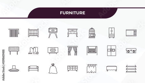 fully editable outline icon collection from furniture concept. thin line icons set such as window coverings, crib, porch swing, table linens, shelf,