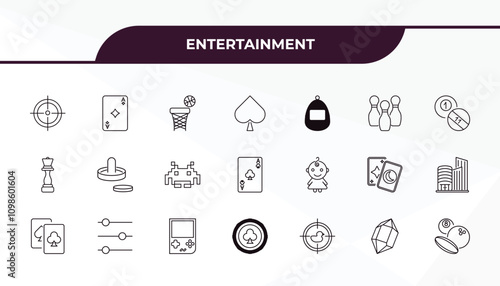 fully editable outline icon collection from entertainment concept. thin line icons set such as shooter, ace of diamonds, childhood, crystal, sports ball,