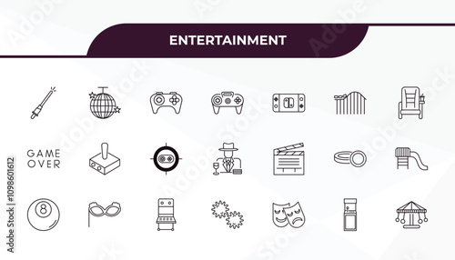 fully editable outline icon collection from entertainment concept. thin line icons set such as lightsaber, disco, clapboard, arcade game, carousel,