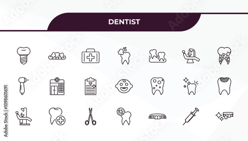 fully editable outline icon collection from dentist concept. thin line icons set such as implant, malocclusion, bicuspid, empty syringe, dental veneer,